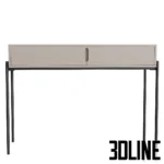 3D model of the Flow console table featuring a sleek burgundy storage box top with drawers, supported by thin minimalist black metal legs.