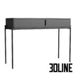 3D model of the Flow console table featuring a sleek burgundy storage box top with drawers, supported by thin minimalist black metal legs.