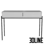 3D model of the Flow console table featuring a sleek burgundy storage box top with drawers, supported by thin minimalist black metal legs.