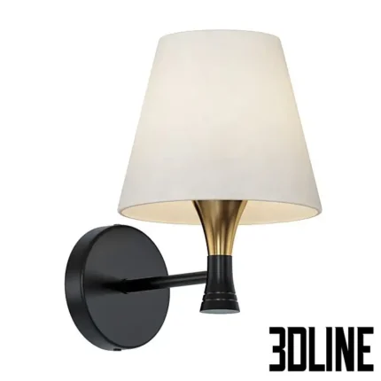 3D model of the Freya wall lamp featuring a classic white conical fabric shade, a matte black metal arm and base, and an elegant brass gold accent connection.