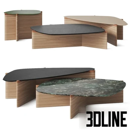 3D model set of Giorgetti Griffe coffee tables designed by Carlo Colombo, featuring irregular organic tops in wood, marble, and lacquer finishes on crossed wooden bases.
