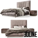 3D model of the Giorgio Collection Infinity bed featuring a tall velvet headboard with vertical tufting and diamond quilting, paired with dark wood nightstands.