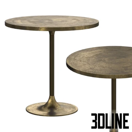 3D model of the Heviz bistro table featuring a round top and trumpet base in a weathered antique brass finish.