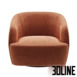 3D model of the Holly Hunt Sumo armchair upholstered in a rich rust-colored velvet, featuring a rounded, encompassing backrest and a hidden swivel base.