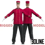 3D model of a hotel doorman character wearing a red uniform and pillbox hat, pushing a gold birdcage luggage cart, suitable for hotel entrance scenes.