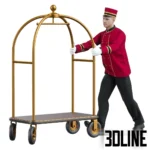 3D model of a hotel doorman character wearing a red uniform and pillbox hat, pushing a gold birdcage luggage cart, suitable for hotel entrance scenes.