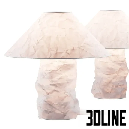 3D model of the Lampampe table lamp by Ingo Maurer, made from crinkled Japanese paper stretched over a wire frame, emitting a soft warm glow.