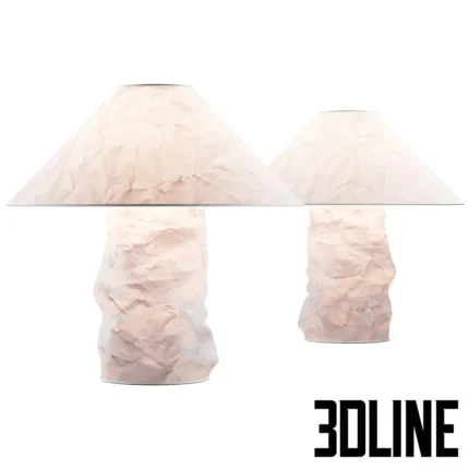 3D model of the Lampampe table lamp by Ingo Maurer, made from crinkled Japanese paper stretched over a wire frame, emitting a soft warm glow.