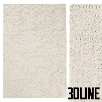 3D visualization of the Jahan wool rug featuring a complex, monochromatic geometric relief pattern in a soft beige/cream tone.