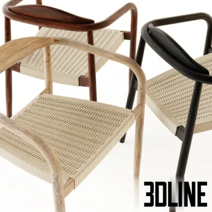 3D model set of Kave Home Nina stackable chairs featuring solid eucalyptus wood frames and UV-resistant woven rope seats in natural, black, and terracotta finishes.