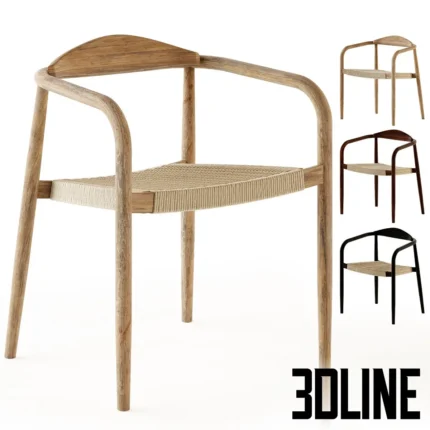 3D model set of Kave Home Nina stackable chairs featuring solid eucalyptus wood frames and UV-resistant woven rope seats in natural, black, and terracotta finishes.