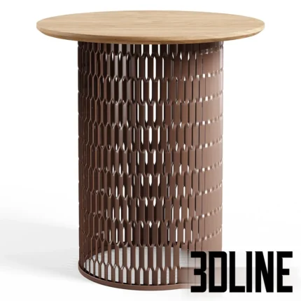3D model of the Kettal Mesh side table designed by Patricia Urquiola, featuring a cylindrical expanded metal base in brown and a round teak wood top.
