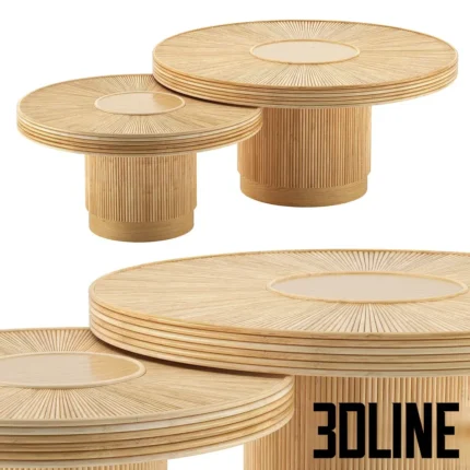 3D model of the Khai coffee tables by La Redoute AM.PM featuring a cylindrical base and round top made of vertical bamboo slats in a natural wood finish.