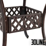 3D model of the Kinger Home Aiden round patio dining table in an antique bronze finish, featuring an intricate lattice weave pattern on the tabletop and base.
