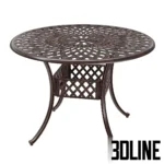 3D model of the Kinger Home Aiden round patio dining table in an antique bronze finish, featuring an intricate lattice weave pattern on the tabletop and base.