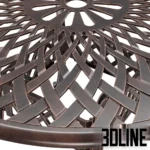 3D model of the Kinger Home Aiden round patio dining table in an antique bronze finish, featuring an intricate lattice weave pattern on the tabletop and base.