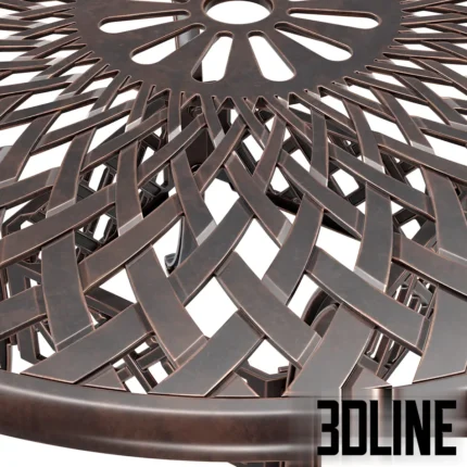 3D model of the Kinger Home Aiden round patio dining table in an antique bronze finish, featuring an intricate lattice weave pattern on the tabletop and base.