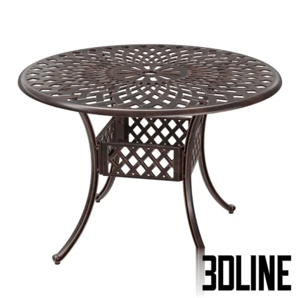 3D model of the Kinger Home Aiden round patio dining table in an antique bronze finish, featuring an intricate lattice weave pattern on the tabletop and base.