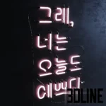 3D model of a wall-mounted neon sign set featuring Korean Hangul characters formed by glowing pink and white tubes with realistic black cabling and connectors.