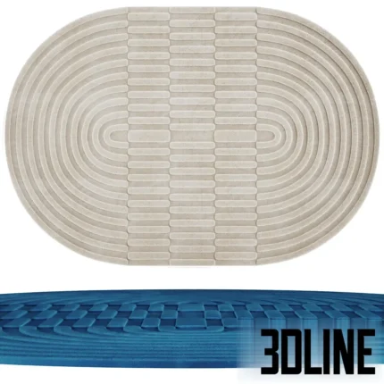 3D model of the La Redoute Malko oval rug in a neutral beige color, featuring a carved 3D relief texture with concentric U-shaped lines.