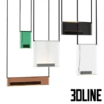 3D model set of the Lambert & Fils Sainte pendant collection featuring rectangular colored glass panels (green, white, smoked, amber) suspended by black nylon straps.
