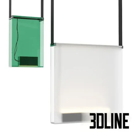 3D model set of the Lambert & Fils Sainte pendant collection featuring rectangular colored glass panels (green, white, smoked, amber) suspended by black nylon straps.