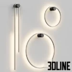 3D model of Lampatron Wild wall lamps featuring minimalist black rings and vertical linear LED strips emitting warm light on a grey wall.