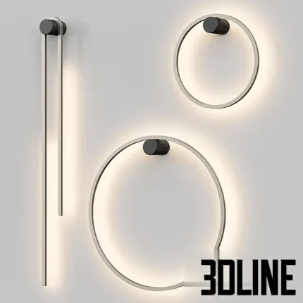 3D model of Lampatron Wild wall lamps featuring minimalist black rings and vertical linear LED strips emitting warm light on a grey wall.