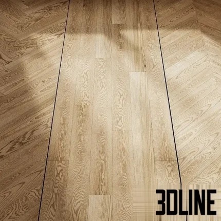 3D visualization of Parquet Ash Pearl flooring featuring a classic herringbone pattern in a light, natural wood tone with realistic grain details.
