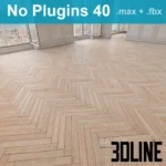 3D visualization of a light oak herringbone parquet floor in a classic room setting, created without plugins, showing realistic wood grain and individual plank details.
