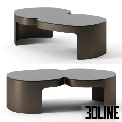 3D model of the Pukka coffee table by Ligne Roset, designed by Yabu Pushelberg, featuring a fluid organic figure-8 shape with a bronze finish base and dark glass top.
