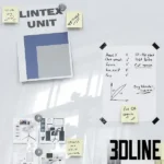 3D model of the Lintex Unit mobile glass whiteboard on wheels, featuring a double-sided writable surface and sound-absorbing properties for modern offices.