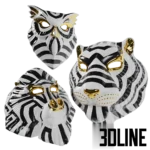 3D model set of Lladro porcelain animal masks (Tiger, Owl, Mandrill) on stands, featuring black and white geometric patterns with gold luster accents.
