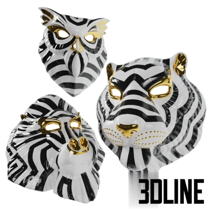 3D model set of Lladro porcelain animal masks (Tiger, Owl, Mandrill) on stands, featuring black and white geometric patterns with gold luster accents.