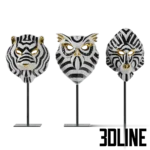 3D model set of Lladro porcelain animal masks (Tiger, Owl, Mandrill) on stands, featuring black and white geometric patterns with gold luster accents.