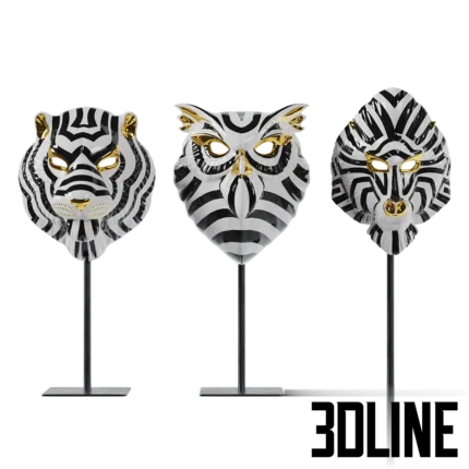 3D model set of Lladro porcelain animal masks (Tiger, Owl, Mandrill) on stands, featuring black and white geometric patterns with gold luster accents.