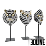 3D model set of Lladro porcelain animal masks (Tiger, Owl, Mandrill) on stands, featuring black and white geometric patterns with gold luster accents.