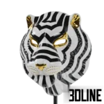 3D model set of Lladro porcelain animal masks (Tiger, Owl, Mandrill) on stands, featuring black and white geometric patterns with gold luster accents.