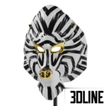 3D model set of Lladro porcelain animal masks (Tiger, Owl, Mandrill) on stands, featuring black and white geometric patterns with gold luster accents.