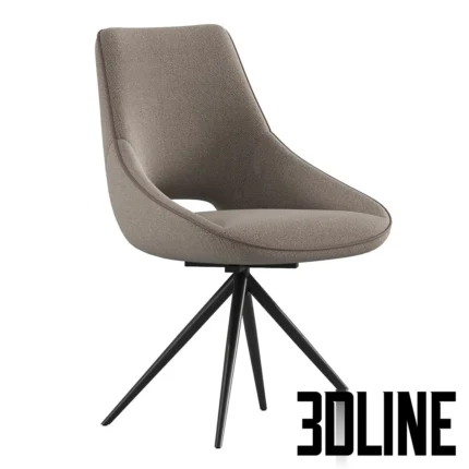 3D model of the Louis swivel dining chair upholstered in textured grey fabric, featuring a distinctive cutout backrest and black metal tripod legs.