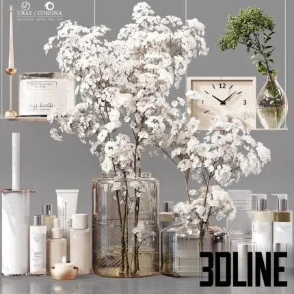 3D model of a luxury bathroom decor set featuring large glass vases with white Gypsophila flowers, branded toiletries, scented candles, a modern clock, and a white toilet brush.