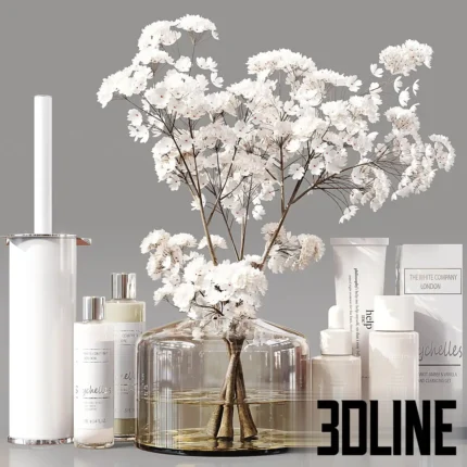 3D model of a luxury bathroom decor set featuring large glass vases with white Gypsophila flowers, branded toiletries, scented candles, a modern clock, and a white toilet brush.