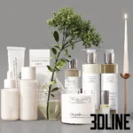 3D model of a luxury bathroom decor set featuring large glass vases with white Gypsophila flowers, branded toiletries, scented candles, a modern clock, and a white toilet brush.