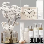 3D model of a luxury bathroom decor set featuring large glass vases with white Gypsophila flowers, branded toiletries, scented candles, a modern clock, and a white toilet brush.