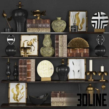 3D model collection of luxury home decor including textured black and gold vases, framed art prints of horses and seahorses, decorative books, candles, and reed diffusers.