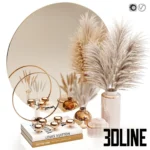 3D model of a luxury decor set featuring a round gold-rimmed mirror, a vase with fluffy pampas grass, gold candle holders, and a stack of fashion books including Louis Vuitton.