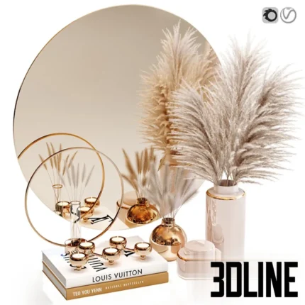 3D model of a luxury decor set featuring a round gold-rimmed mirror, a vase with fluffy pampas grass, gold candle holders, and a stack of fashion books including Louis Vuitton.