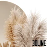 3D model of a luxury decor set featuring a round gold-rimmed mirror, a vase with fluffy pampas grass, gold candle holders, and a stack of fashion books including Louis Vuitton.