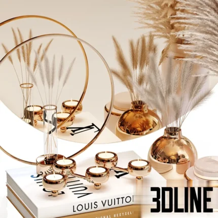 3D model of a luxury decor set featuring a round gold-rimmed mirror, a vase with fluffy pampas grass, gold candle holders, and a stack of fashion books including Louis Vuitton.