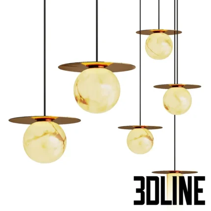3D model set of Marble Orb pendant lamps featuring translucent yellow onyx spheres topped with flat gold metal discs, shown in a cluster arrangement.